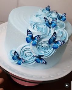 a white cake with blue butterflies on top and frosting roses in the shape of flowers