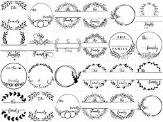 a set of hand drawn wreaths and frames with the names of each family on them