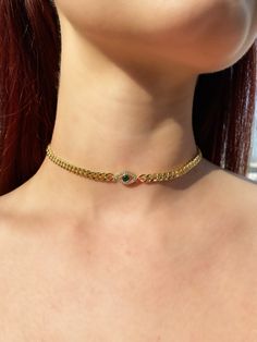 Emerald Evil Eye Chain Choker Necklace Emerald Eyes, Eye Pendant, Evil Eye Pendant, Chain Choker Necklace, Jewelry Photography, Flower Jewelry, Chain Choker, Handmade Fashion, Gold Plated Chains