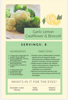 the flyer for garlic lemon cauliflower and broccoli servings 8 ingredients