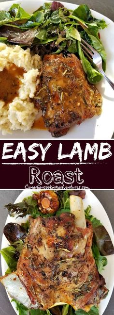 slow roast lamb shoulder on a plate with mashed potatoes and greens