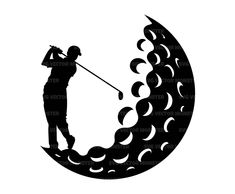 a silhouette of a man playing golf in the shape of a moon with waves on it