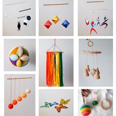 many different pictures of colorful objects hanging from the ceiling