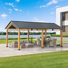 an outdoor patio with furniture and a gazebo