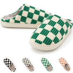 four pairs of slippers with different colors and patterns on the bottom one is green, the other is white