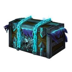 an image of a chest with blue lights on it's sides and chains hanging from the front