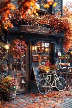 an old fashioned bicycle is parked in front of a building with autumn leaves on the ground