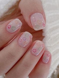 Nail Design Colorful, Korean Heart, Kpop Nails, Short French Tip Nails, Accent Nail Designs, Nail Short, Plum Nails, Sheer Nails, Nails Heart