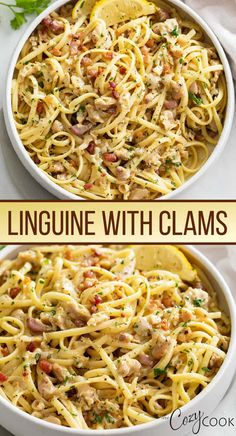 two images of linguinne with clams in a white bowl