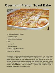 the recipe for overnight french toast bake is shown in an image above it's description