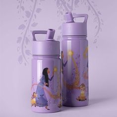 two purple water bottles with disney characters on them