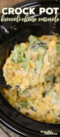 the crock pot broccoli cheese casserole is being held by a spoon