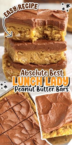 chocolate peanut butter bars stacked on top of each other with the words easy recipe above them