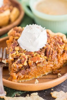 a slice of pecan pie with whipped cream on top