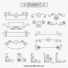 hand drawn ornaments with hearts, flowers and scrolls in black and white on a white background