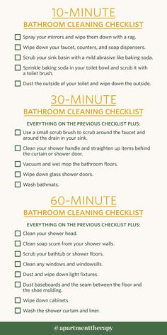 the 10 minute bathroom cleaning checklist is shown in yellow and green, with instructions on how to use it