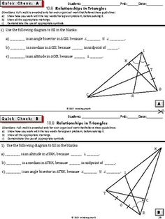 two worksheets showing the triangles and their corresponding angles, which are marked in red