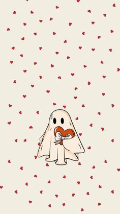 a cartoon ghost holding a heart in its mouth with hearts scattered around it on a white background