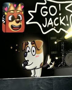 a cartoon dog is standing on stage in front of a sign that says go jack