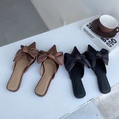 LBSFY - Women Casual Flats Heeled Slippers Shoes Woman Outdoor Slides Summer Women Bow Slippers Shoes Mules Single Shoes Dropshipping Brown Pointed Toe Flats For Party, Brown Flats With Flat Heel For Party, Brown Flat Heel Party Flats, Brown Party Flats, Bow Slippers, Heeled Slippers, Slipper Shoes Women, Women Casual Flats, High Heel Slippers