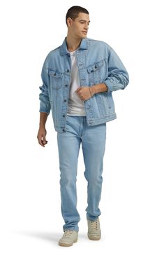 Complete your casual look with the can't-miss style of this oversized jacket made from nonstretch denim. Spread collar Long sleeves with button cuffs 77% cotton, 23% hemp Machine wash, tumble dry Imported Medium Wash Long Sleeve Rigid Denim Outerwear, Long Sleeve Medium Wash Rigid Denim Outerwear, Medium Wash Relaxed Fit Rigid Denim Outerwear, Relaxed Fit Blue Denim Outerwear, Relaxed Fit Denim Blue Outerwear In Rigid Denim, Casual Denim Blue Rigid Denim Jacket, Casual Rigid Denim Jacket In Denim Blue, Casual Rigid Denim Jacket For Spring, Spring Rigid Denim Outerwear With Pockets