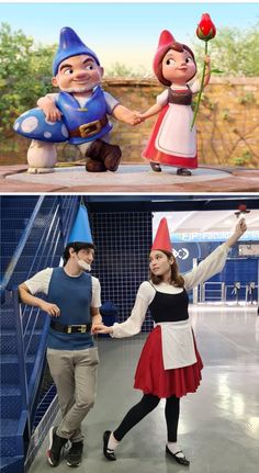 two people dressed as gnomes holding hands