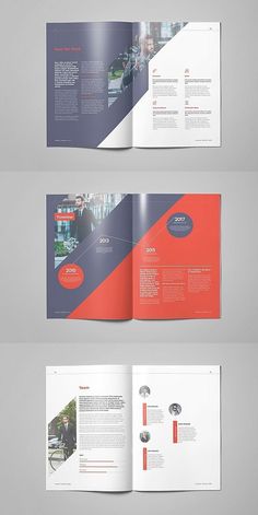 an open brochure is shown in three different colors