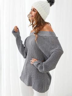 Solid Drop Shoulder Off-shoulder Loose Knit Sweater Off-shoulder Solid Color Top For Fall, Solid Color Off-shoulder Top For Fall, Solid Knit Off-shoulder Top, Solid Color Knit Off-shoulder Top, Slouchy Knitted Tops For Fall, Solid Off-shoulder Winter Top, Off-shoulder Sweater For Spring, Slouchy Knitted Long Sleeve Tops, Ribbed Off-shoulder Winter Tops