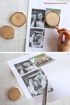 a person cutting up wood with scissors and some pictures on the table next to them