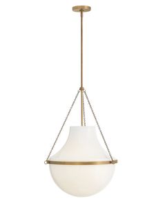 a white and gold hanging light with chain around the bottom, on a white background