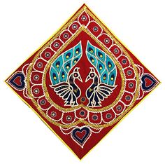 a red and blue design with two birds on it's side, in the middle of a diamond shape