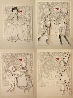 four paper cut pictures of people and animals in the woods with hearts on their heads