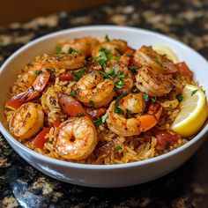 a white bowl filled with shrimp and rice next to a lemon wedge on top of a table