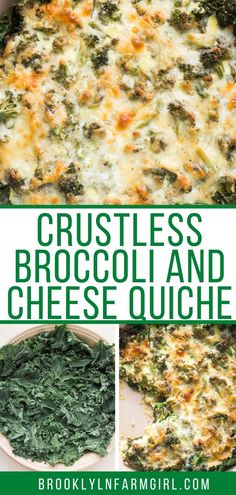 broccoli and cheese quiche in a casserole dish with text overlay