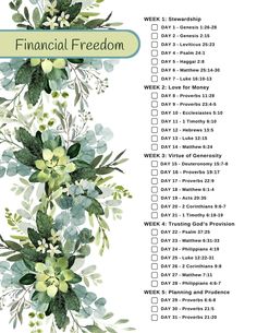 a printable financial freedom checklist with flowers and leaves in green on white background