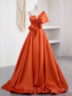 Orange V-neck Dress For Prom, Orange A-line Evening Dress, Orange Spaghetti Straps Evening Dress, Prom Dresses Cheap, Prom Dresses With Pockets, Simple Prom Dress, Spaghetti Strap Prom Dress, Orange Satin, Dresses Cheap