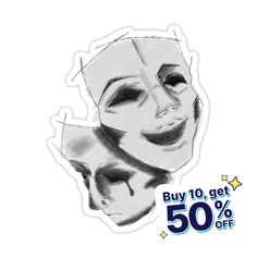 a sticker with the words buy 10 get 50 % off and an image of a woman's face