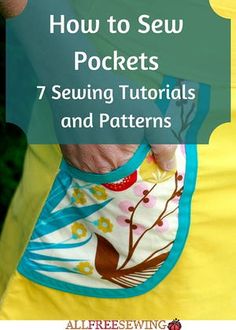 a person wearing an apron with the words how to sew pockets 7 sewing patterns