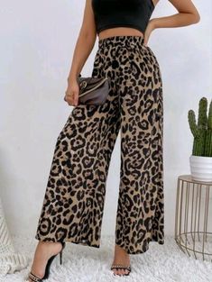 Leopard Print Pants, Womens Wide Leg Pants, Polyester Pants, Printed Wide Leg Pants, Printed Trousers, Print Pants, Pantalon Large, Looks Chic, Type Of Pants