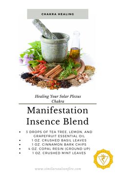 the label for manefitation insence blend with herbs and cinnamons on it