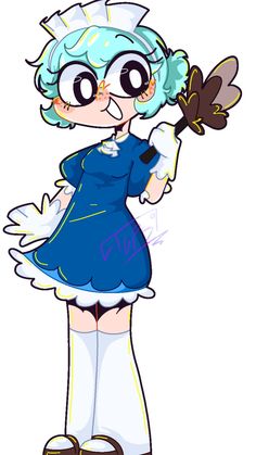 a drawing of a girl with blue hair and white dress holding a butterfly in her hand