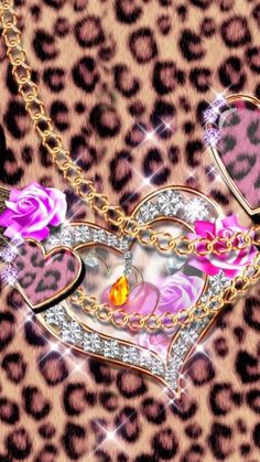 an animal print background with a heart shaped box and flowers in the shape of a crown