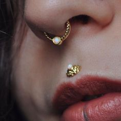 a close up of a person with some piercings on their nose and ear rings