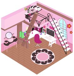 an illustration of a living room with pink walls and flooring, stairs to the second floor