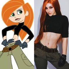 a woman with red hair and green pants next to an image of a cartoon character