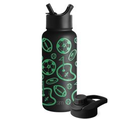 a black and green sports water bottle next to an open lid with various sports related items on it