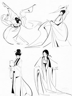 three black and white drawings of women in long dresses, with one woman holding her hand out