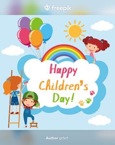 children with balloons and rainbows are on the clouds for happy children's day