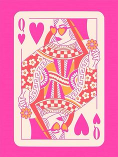 a pink playing card with hearts and flowers on the front, featuring an image of a woman