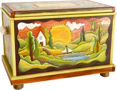 Chest –  Treasures chest with sun and moon on the horizon motif Whimsical Painted Furniture, Sticks Furniture, Rustic Wood Furniture, Antique Doors, Bohemian Interior, Distressed Furniture, Funky Furniture, Hand Painted Furniture, Hard Wood